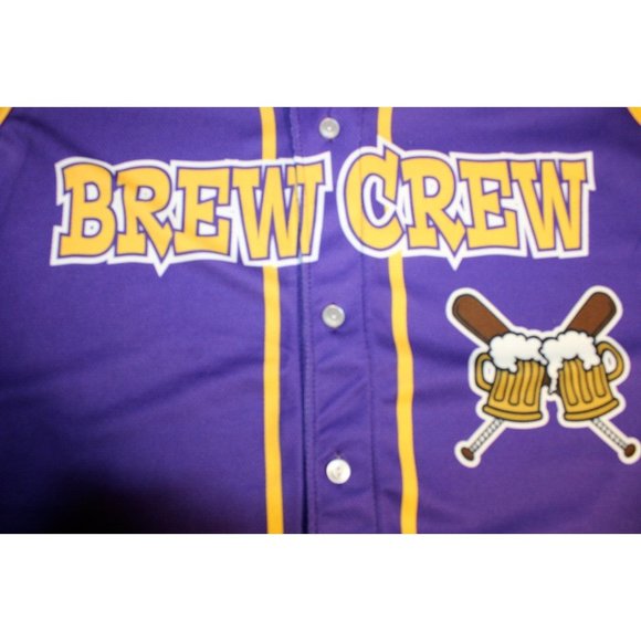 Brew Crew Big Shooter Baseball #96 Button Jersey Adult Mens XL Purple Yellow - Picture 2 of 6